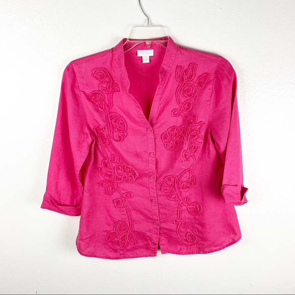 CHARTER CLUB Fuchsia Pink 100% Linen Front Button Embroidered Floral Top 10P